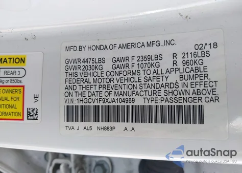 2018 Honda Accord Touring из США, поврежденный, VIN 1HGCV1F9XJA104969